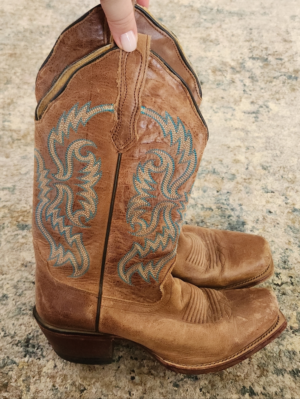 Nocona Western Tan Leather Boots Size 6.5 Natural Distressed Teal Stitching